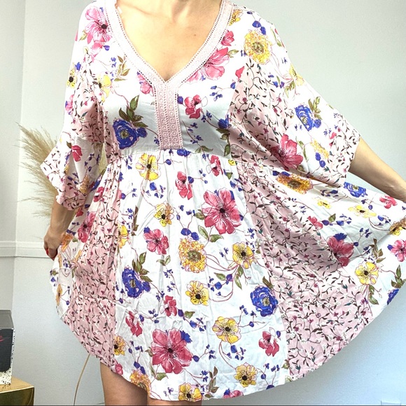 NWT Boho Mixed Floral Print Babydoll  Lace Mini Dress Patch Ivory Blush Summer - Picture 10 of 16